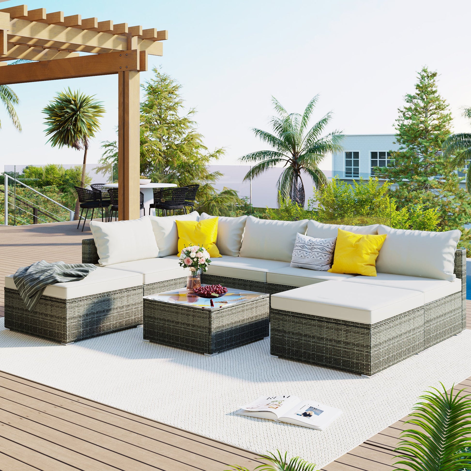 8 Pc. Outdoor Sectional Set with Coffee Table and Ottomans - Divine Heart L.A.