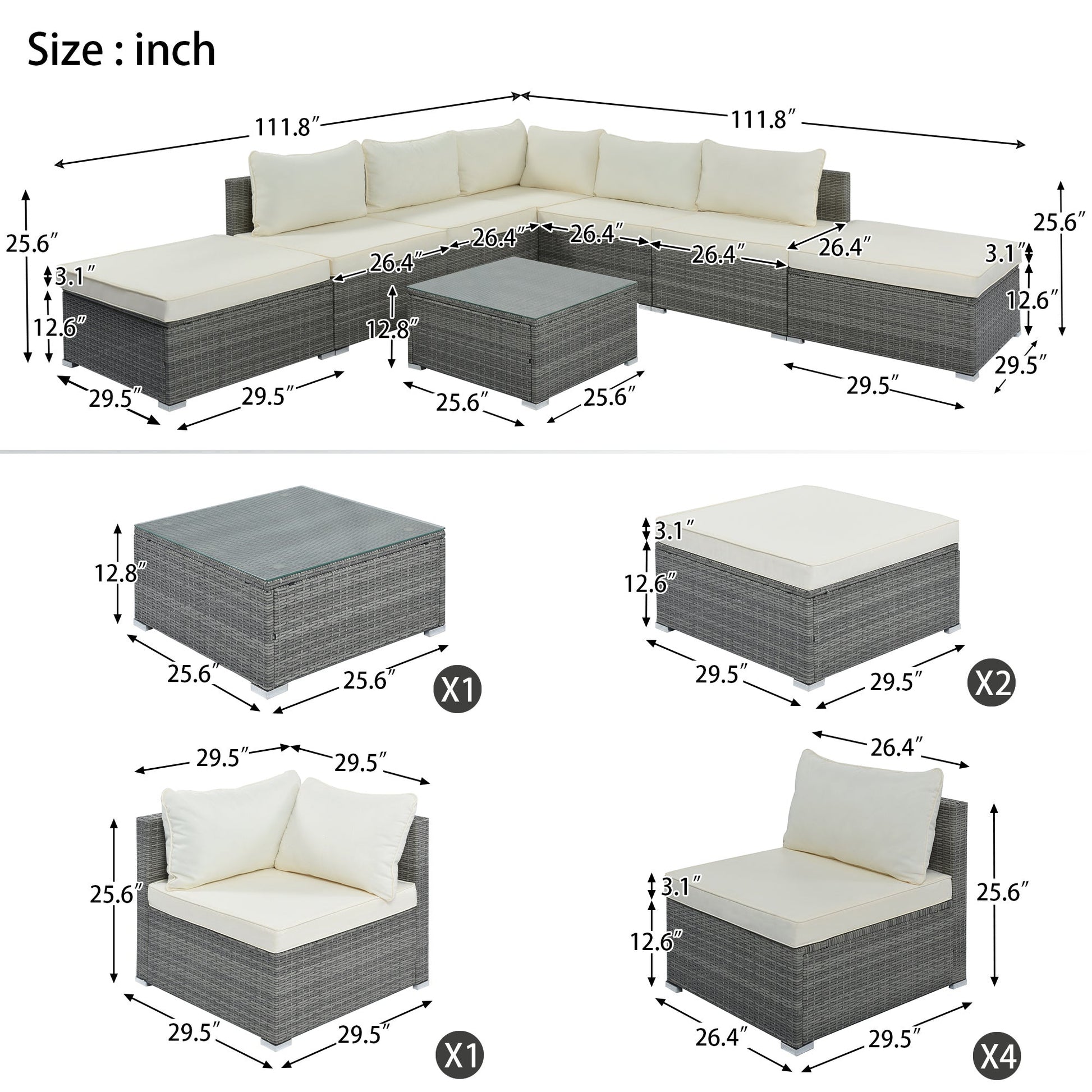 8 Pc. Outdoor Sectional Set with Coffee Table and Ottomans - Divine Heart L.A.