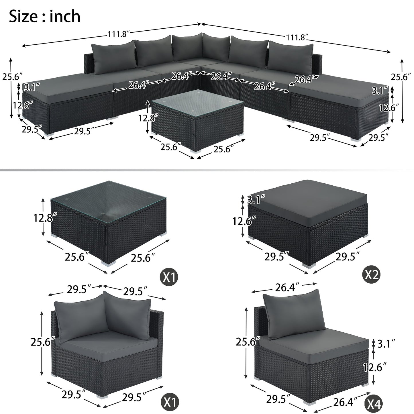 8 Pc. Outdoor Sectional Set with Coffee Table and Ottomans - Divine Heart L.A.