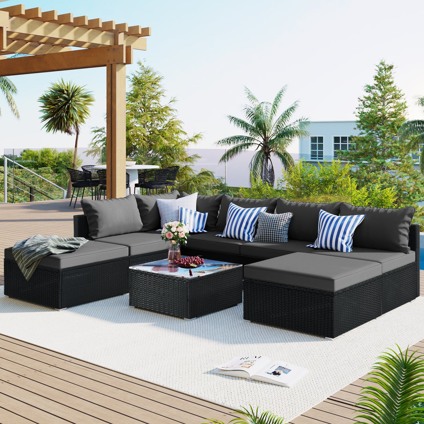 8 Pc. Outdoor Sectional Set with Coffee Table and Ottomans - Divine Heart L.A.