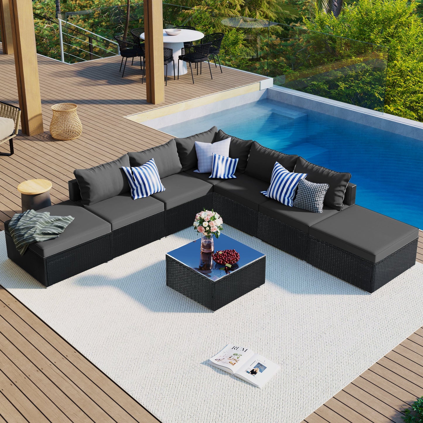 8 Pc. Outdoor Sectional Set with Coffee Table and Ottomans - Divine Heart L.A.