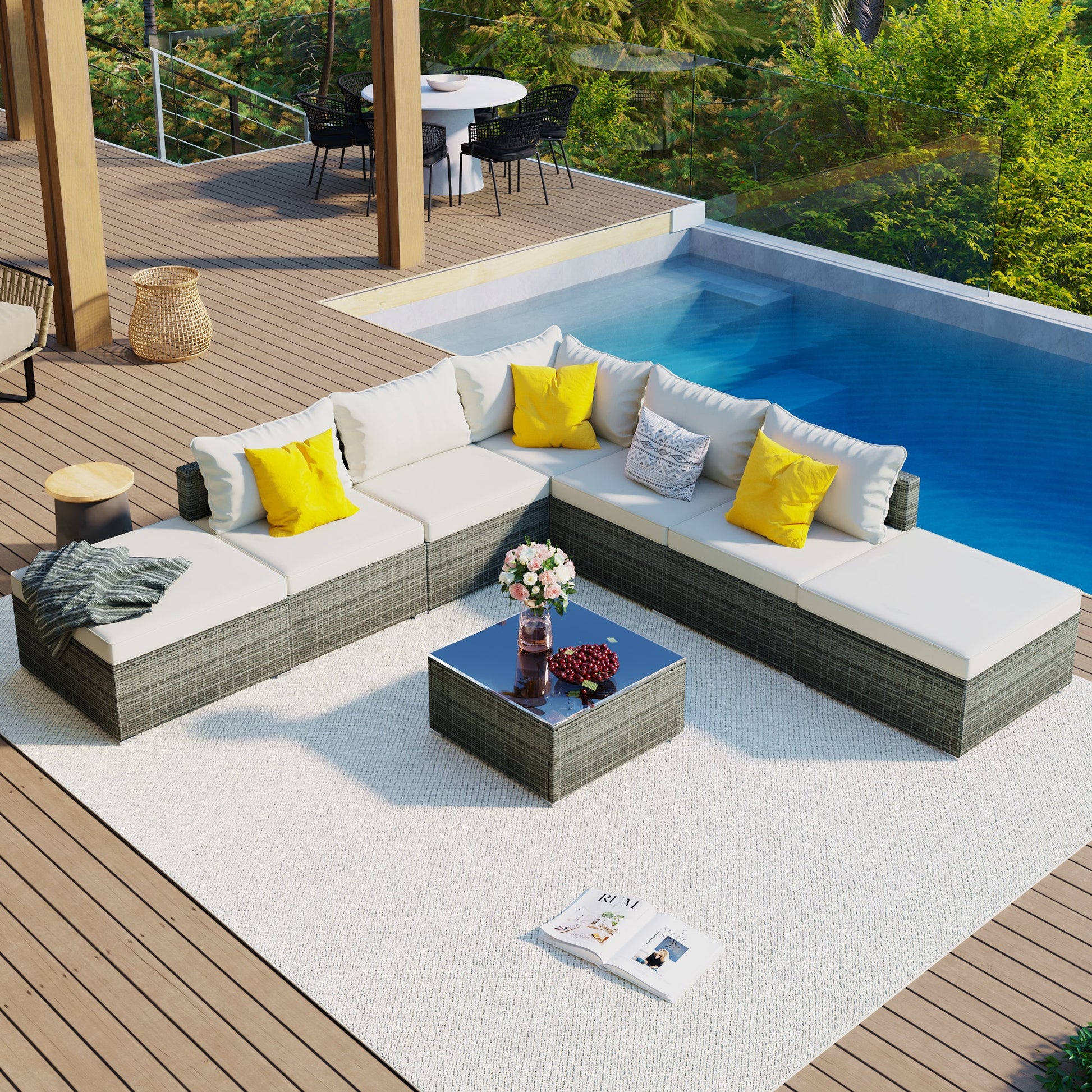 8 Pc. Outdoor Sectional Set with Coffee Table and Ottomans - Divine Heart L.A.