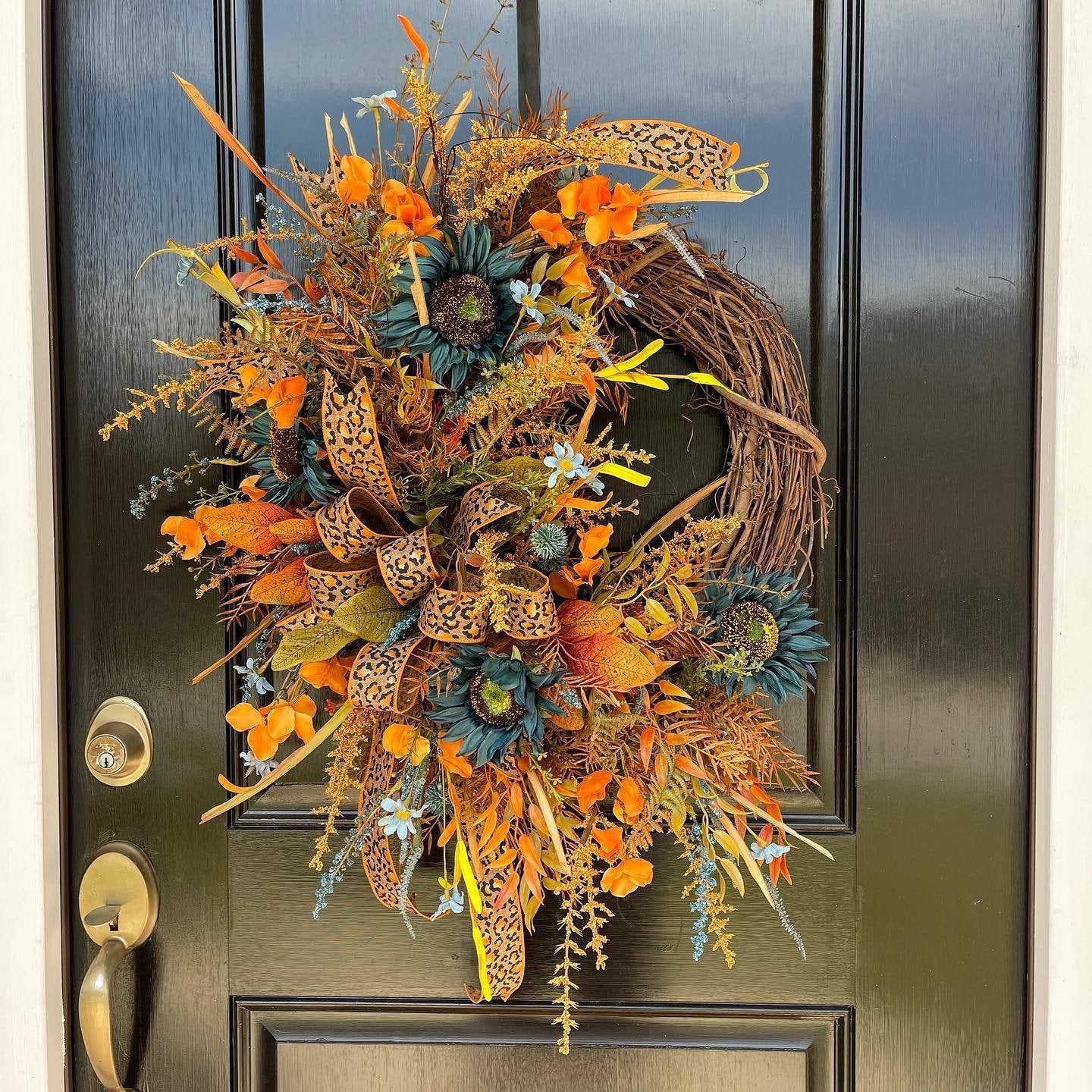 Harvest Wreath with Leopard Ribbon Bow