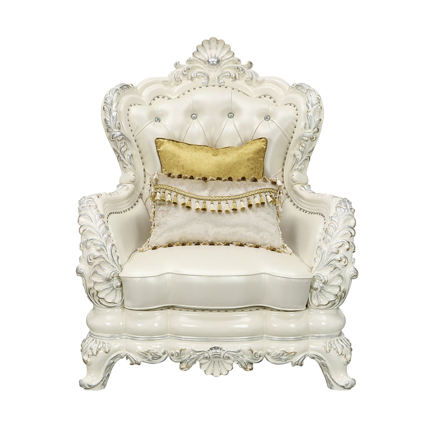 ACME Adara CHAIR W/2 PILLOWS Pearl White PU & Antique White Finish LV01226 - Divine Heart L.A.