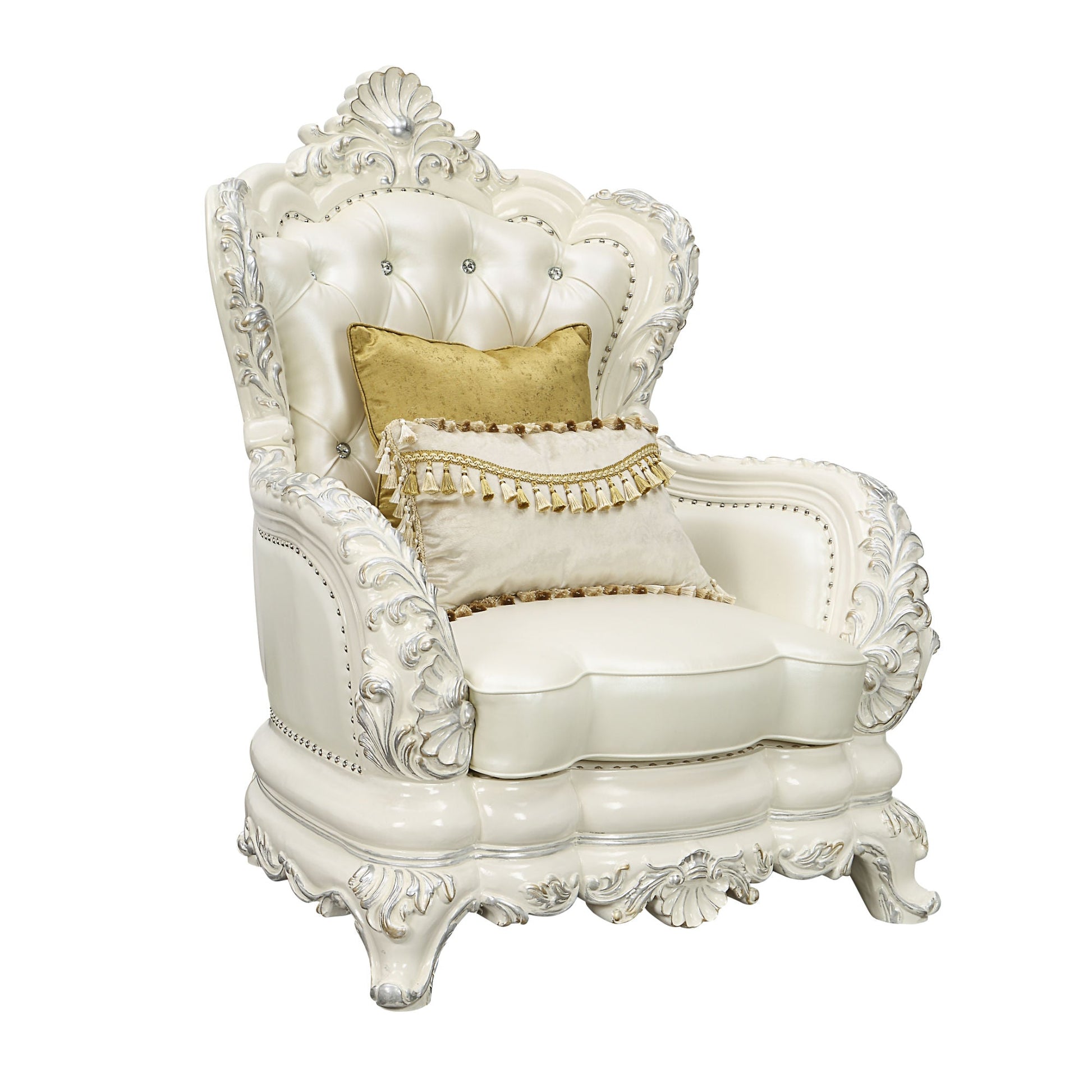 ACME Adara CHAIR W/2 PILLOWS Pearl White PU & Antique White Finish LV01226 - Divine Heart L.A.