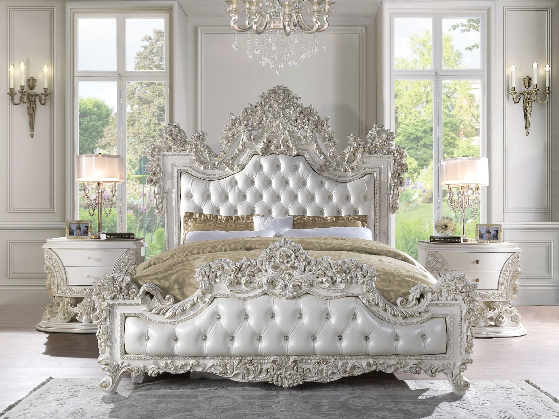 ACME Adara EK BED Pearl White PU & Antique White Finish BD01248EK - Divine Heart L.A.