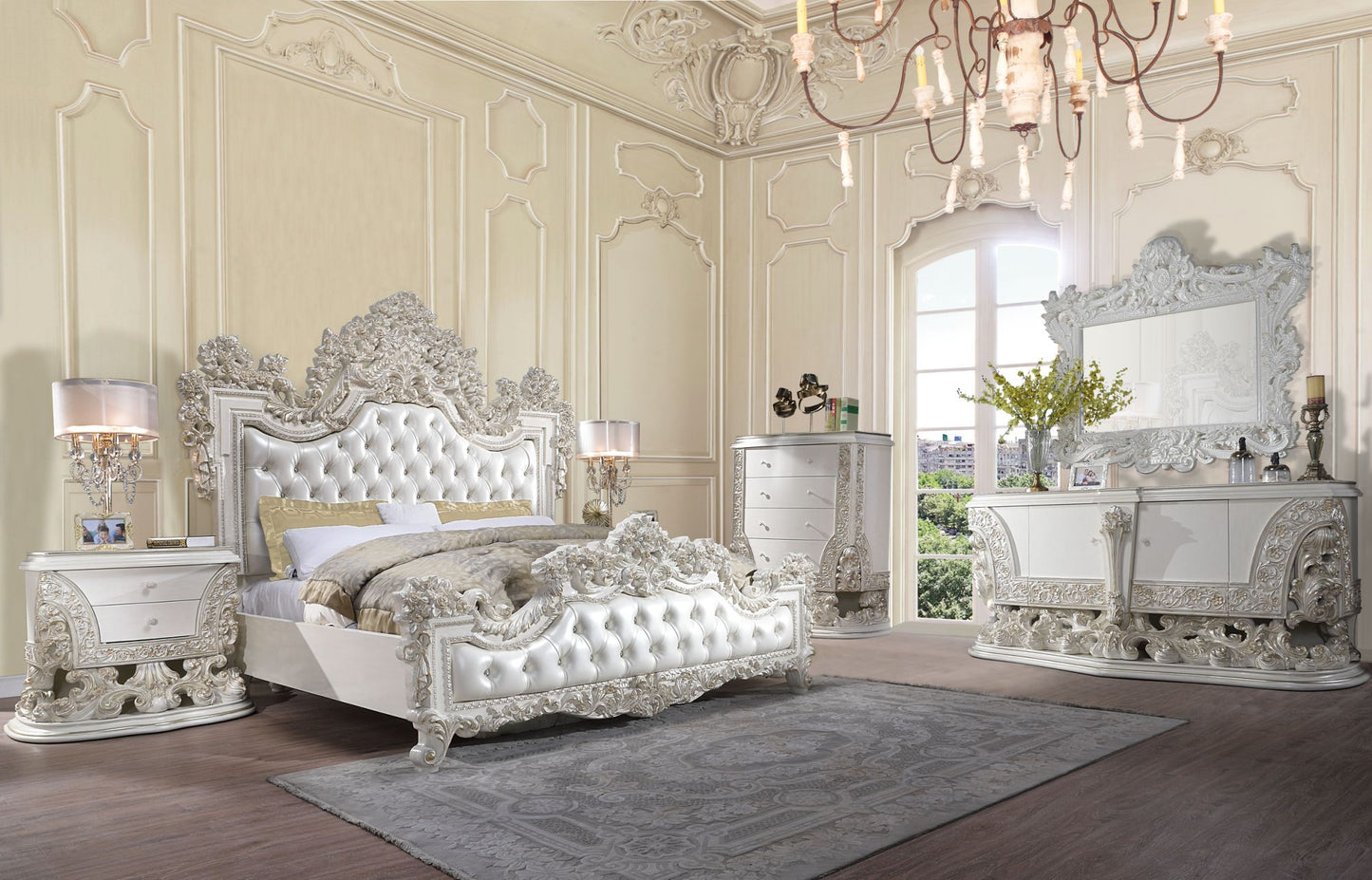 ACME Adara EK BED Pearl White PU & Antique White Finish BD01248EK - Divine Heart L.A.