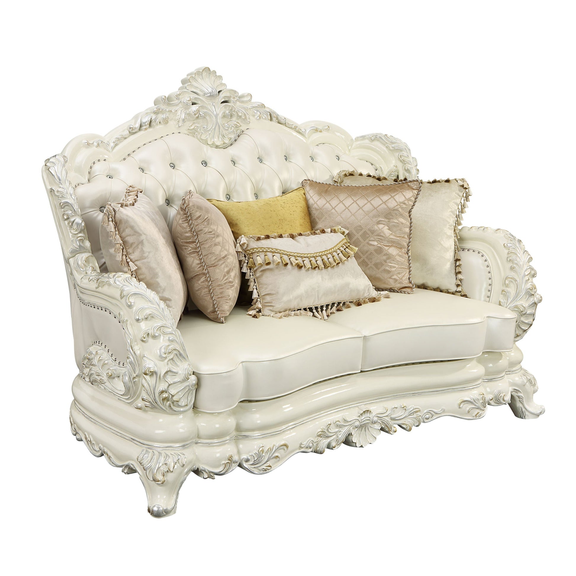 ACME Adara LOVESEAT W/5 PILLOWS Pearl White PU & Antique White Finish LV01225 - Divine Heart L.A.