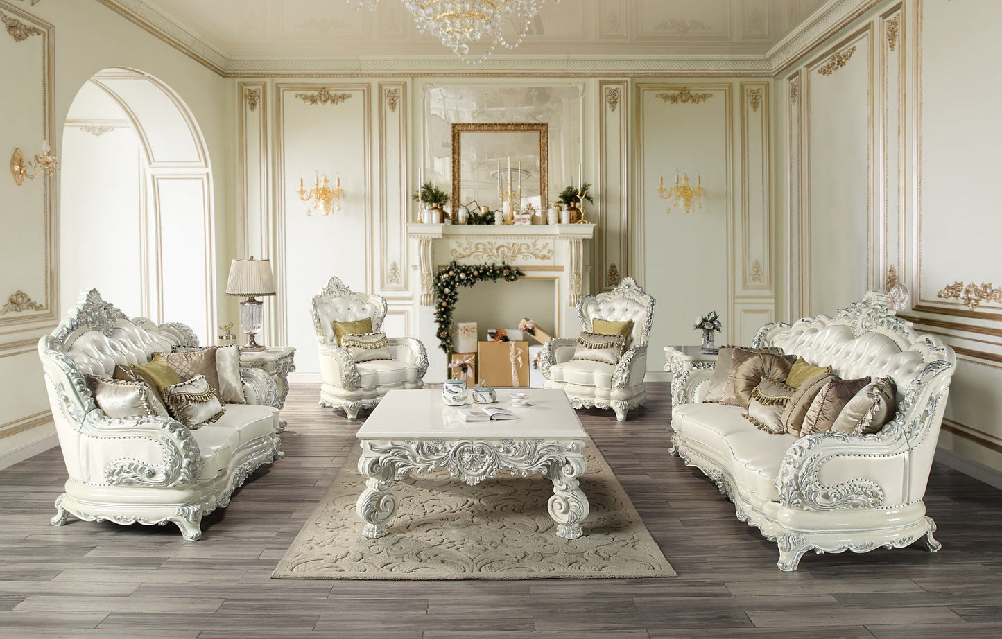 ACME Adara LOVESEAT W/5 PILLOWS Pearl White PU & Antique White Finish LV01225 - Divine Heart L.A.