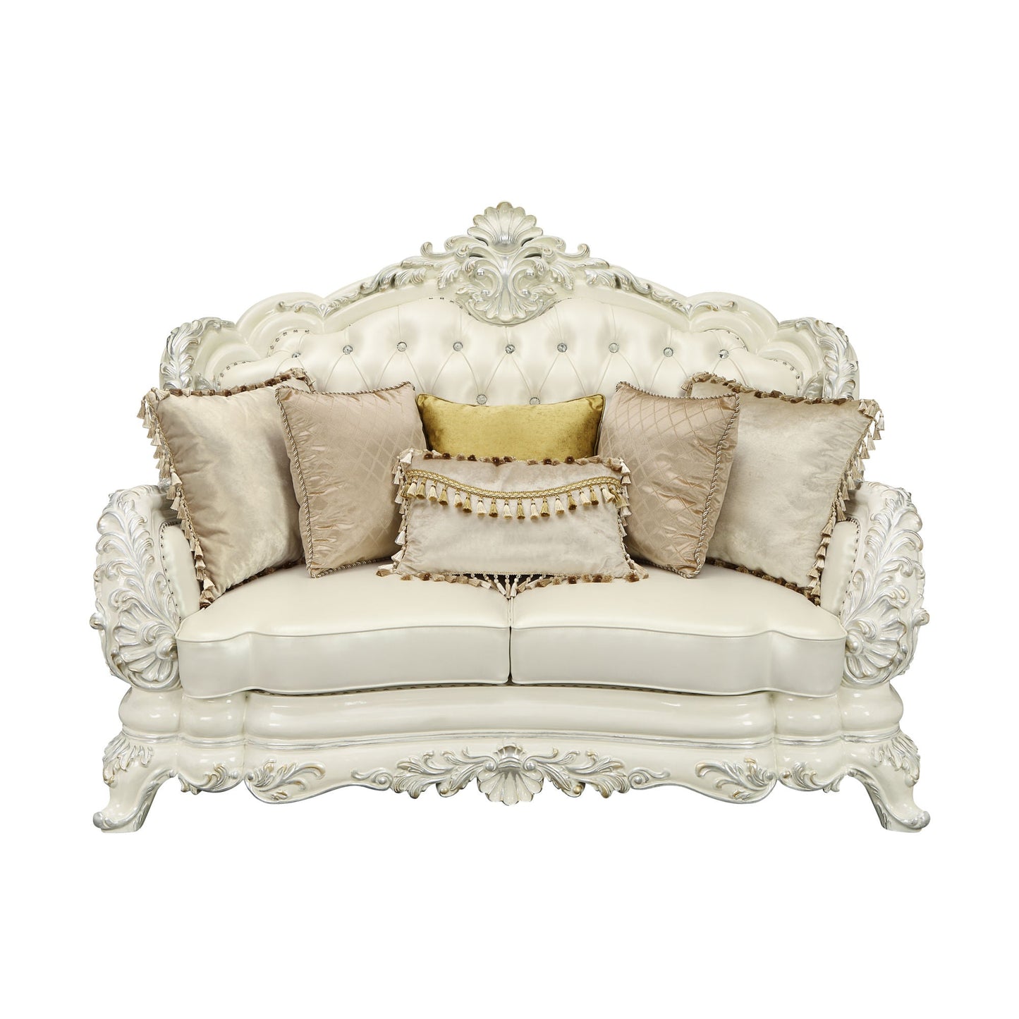 ACME Adara LOVESEAT W/5 PILLOWS Pearl White PU & Antique White Finish LV01225 - Divine Heart L.A.