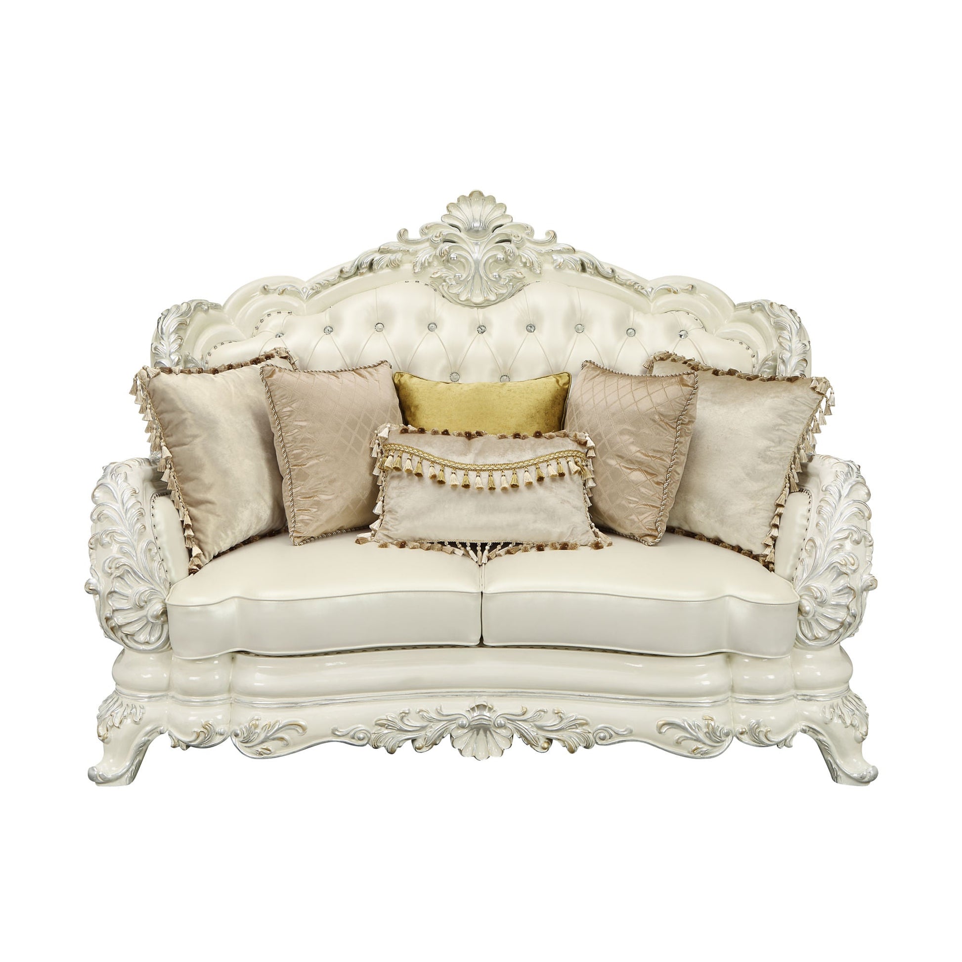 ACME Adara LOVESEAT W/5 PILLOWS Pearl White PU & Antique White Finish LV01225 - Divine Heart L.A.