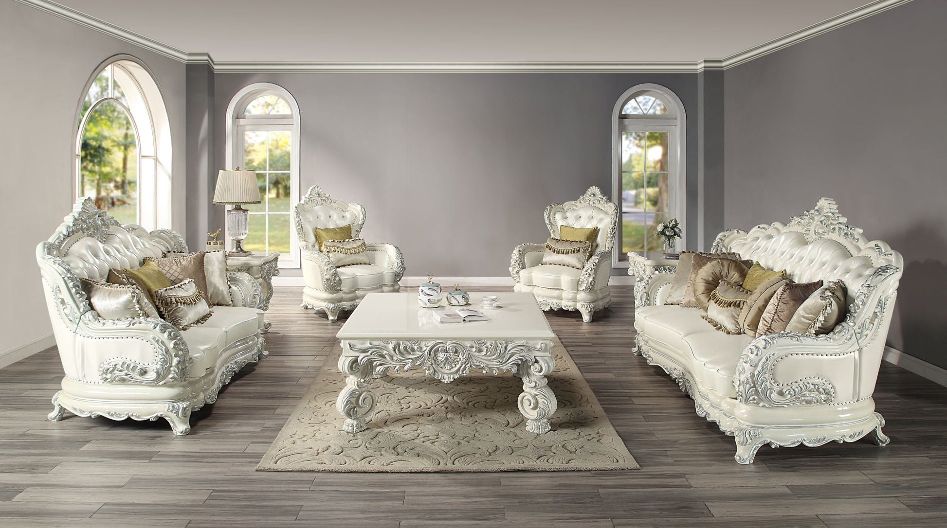 ACME Adara SOFA W/7 PILLOWS Pearl White PU & Antique White Finish LV01224 - Divine Heart L.A.