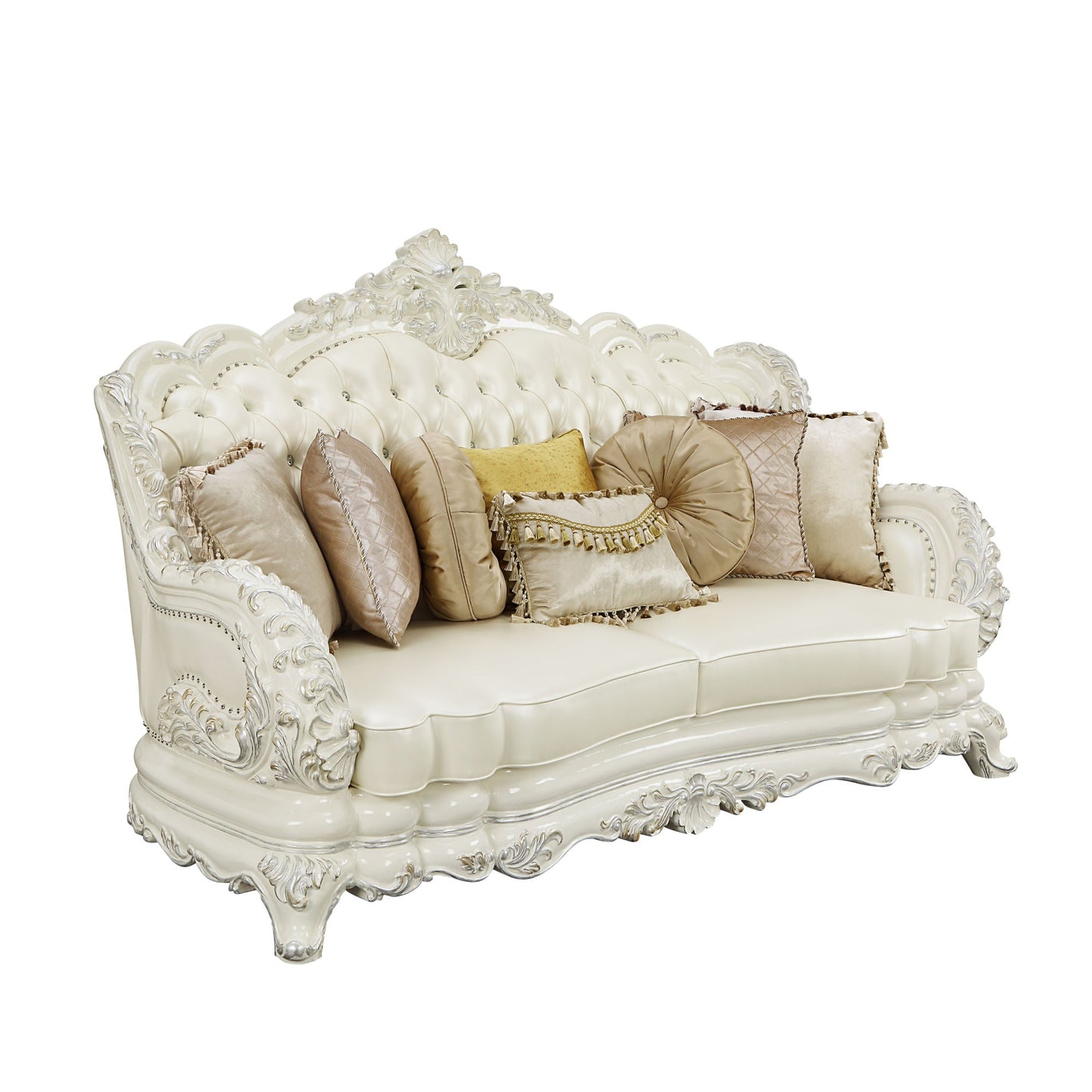 ACME Adara SOFA W/7 PILLOWS Pearl White PU & Antique White Finish LV01224 - Divine Heart L.A.