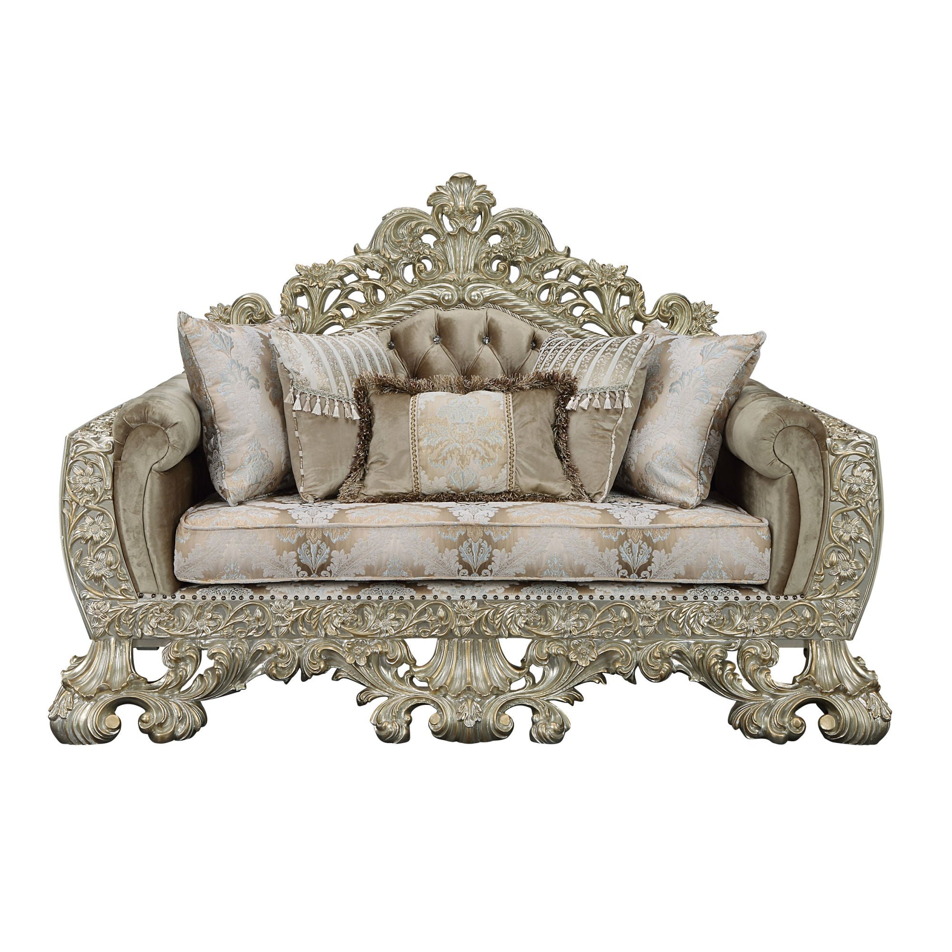 ACME Sorina LOVESEAT W/5 PILLOWS Velvet, Fabric & Antique Gold Finish LV01206 - Divine Heart L.A.