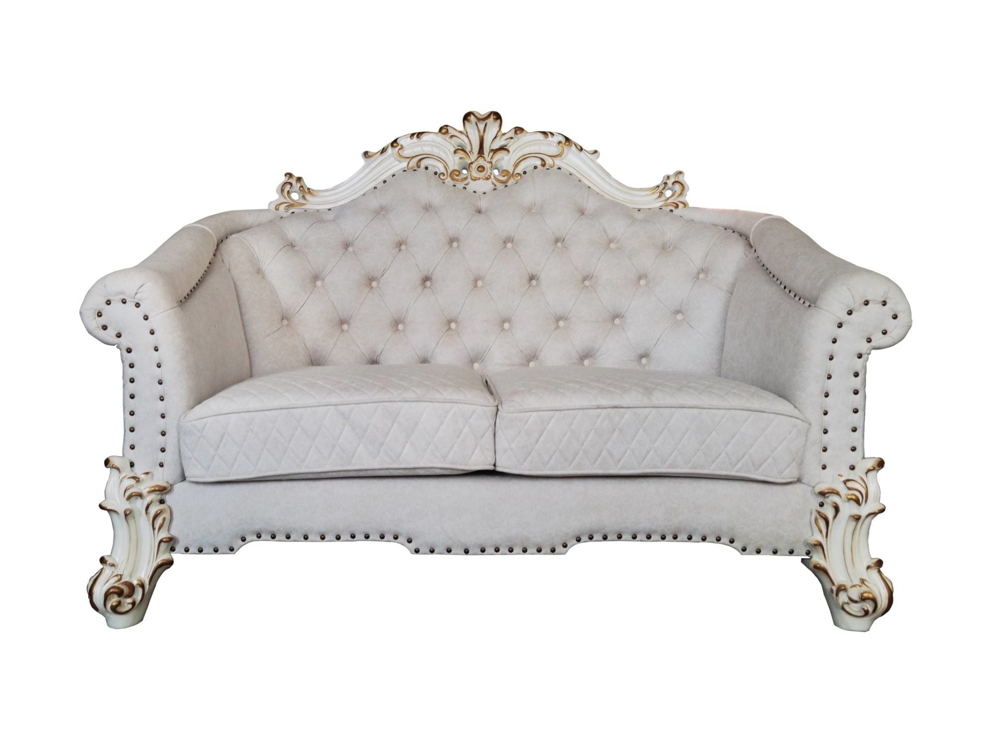 ACME Vendom II Loveseat w/4 Pillows, Two Tone Ivory Fabric & Antique Pearl Finsih LV01330 - Divine Heart L.A.