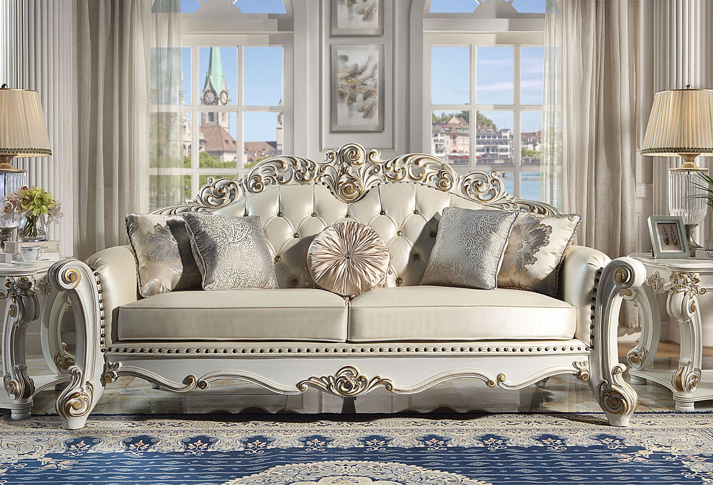 ACME Vendom Sofa w/5 Pillows, Champagne PU & Antique Pearl Finsih LV01324 - Divine Heart L.A.