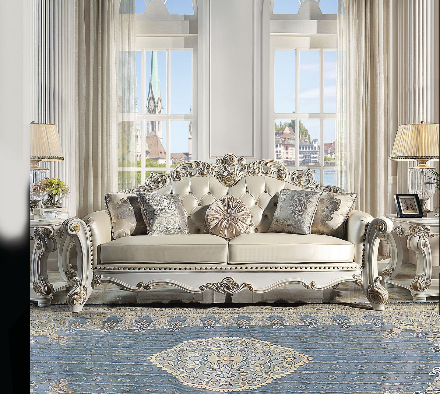 ACME Vendom Sofa w/5 Pillows, Champagne PU & Antique Pearl Finsih LV01324 - Divine Heart L.A.