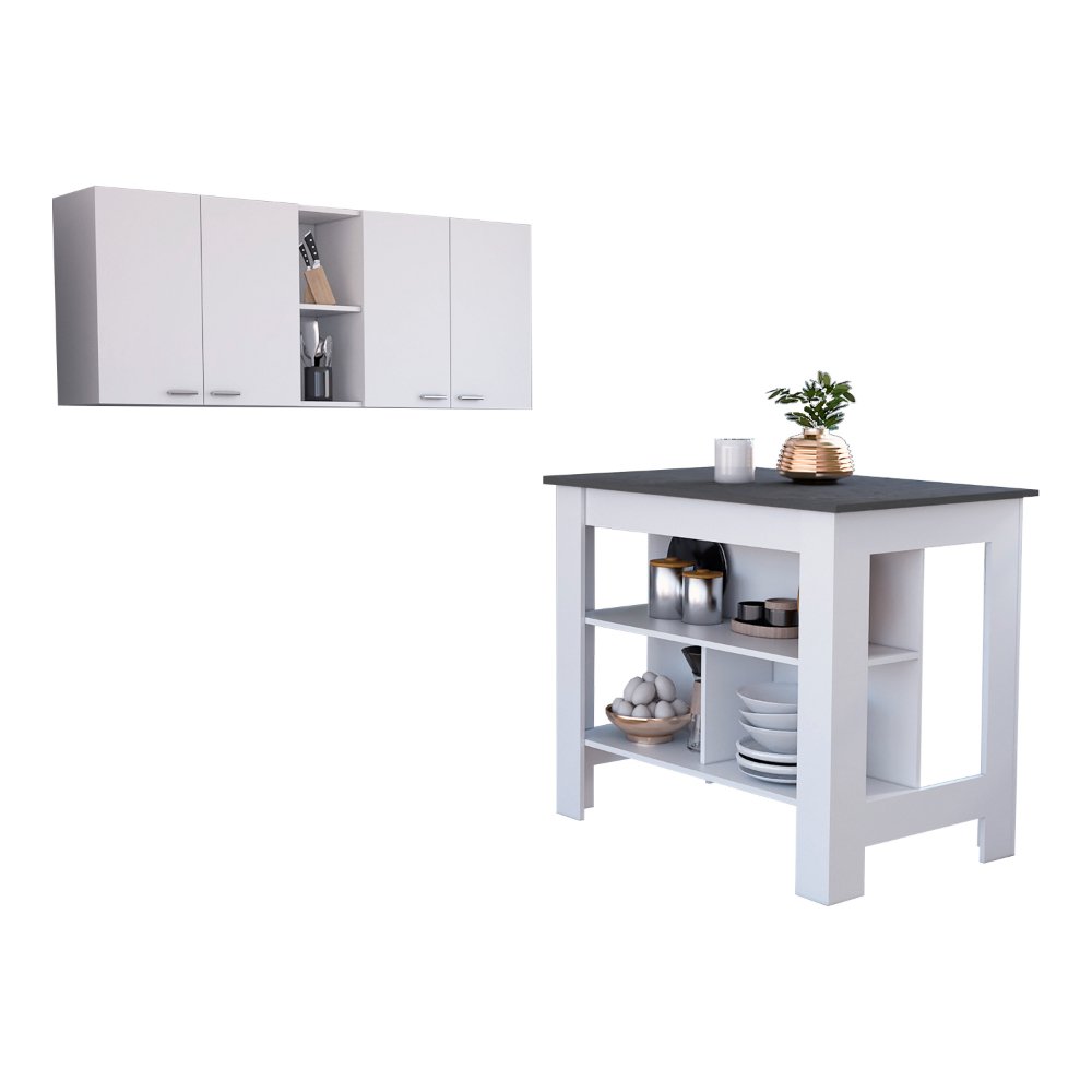 Austin 2 Piece Kitchen Set, Upper Wall Cabinet + Kitchen Island , White /Walnut - Divine Heart L.A.