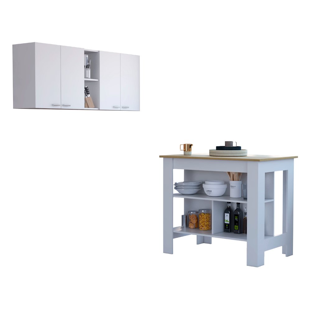 Austin 2 Piece Kitchen Set, Upper Wall Cabinet + Kitchen Island , White /Walnut - Divine Heart L.A.