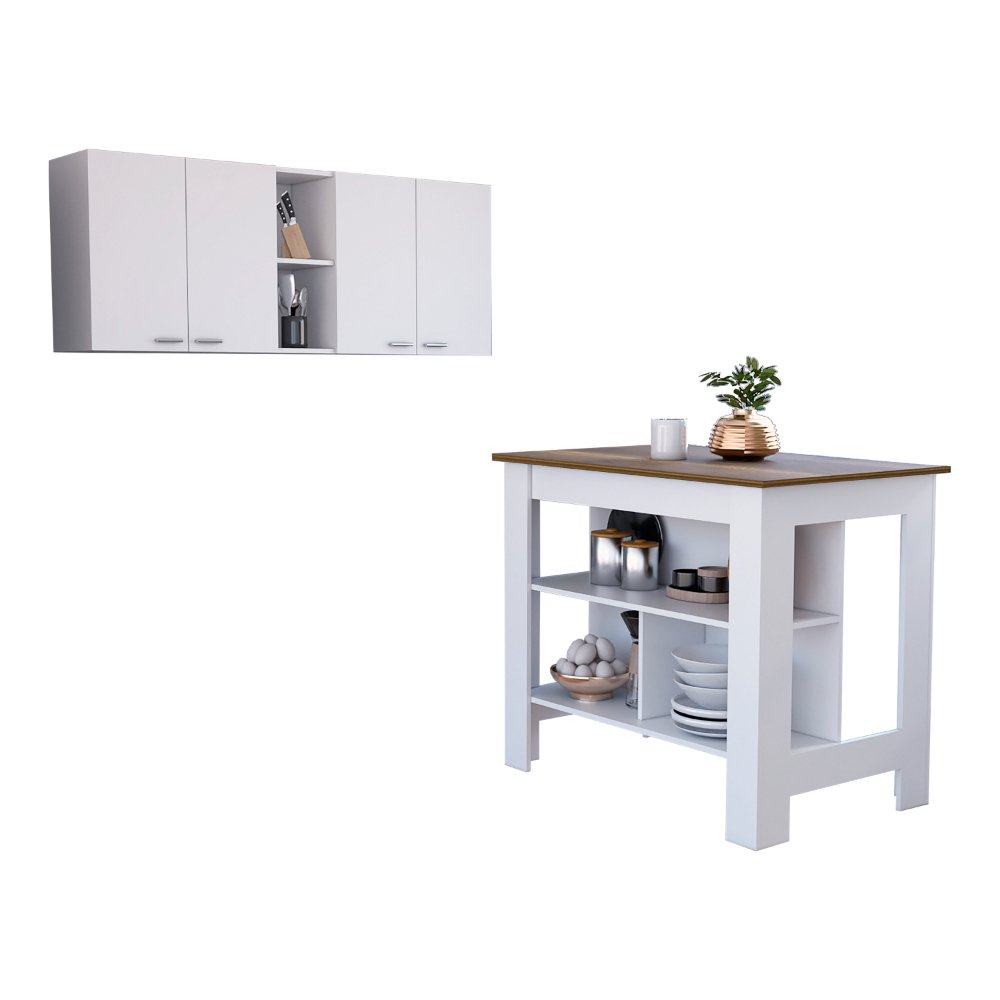 Austin 2 Piece Kitchen Set, Upper Wall Cabinet + Kitchen Island , White /Walnut - Divine Heart L.A.