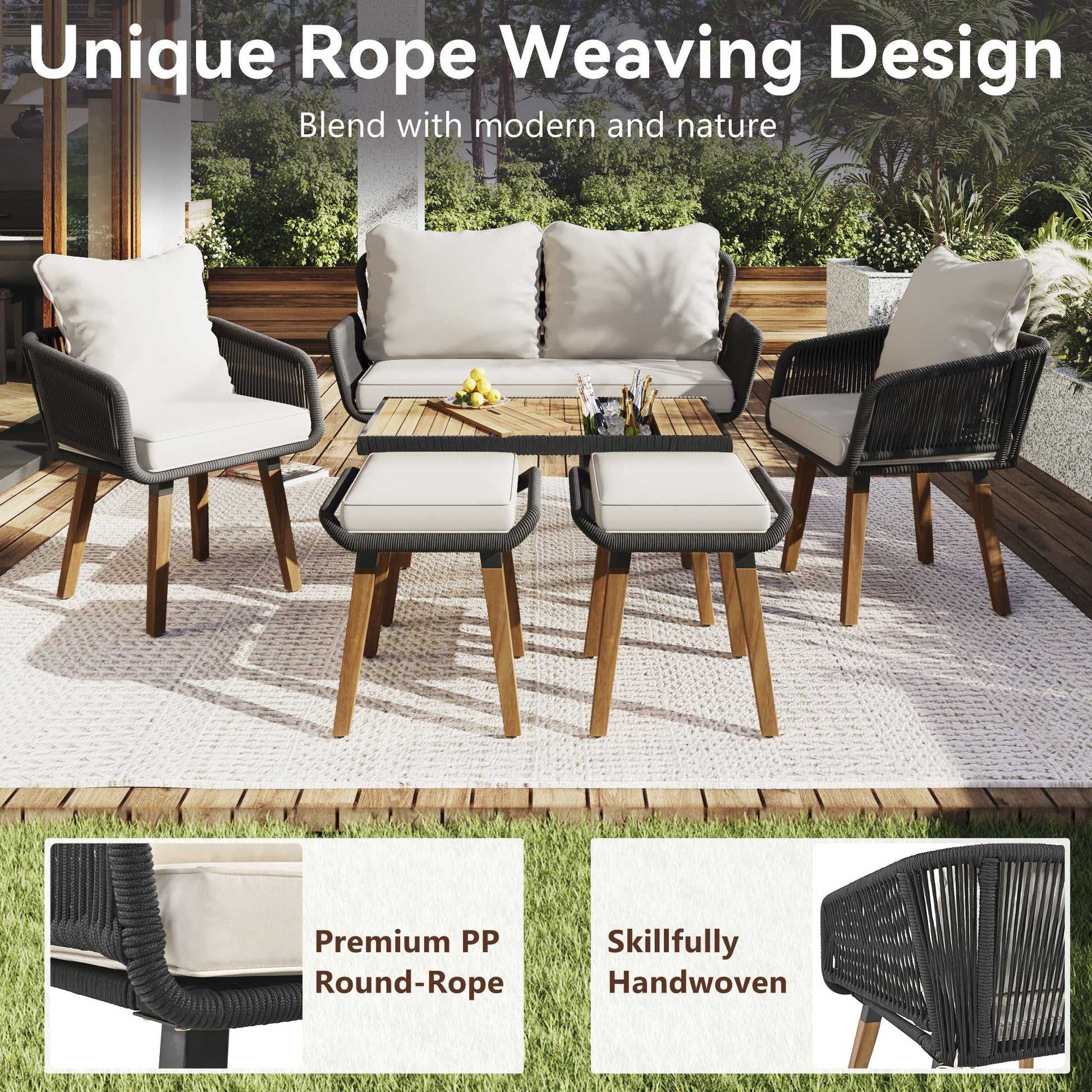 Bayside Woven Rope Patio Set with Acacia Bar Table, Ice Bucket and Two Stools - Divine Heart L.A.