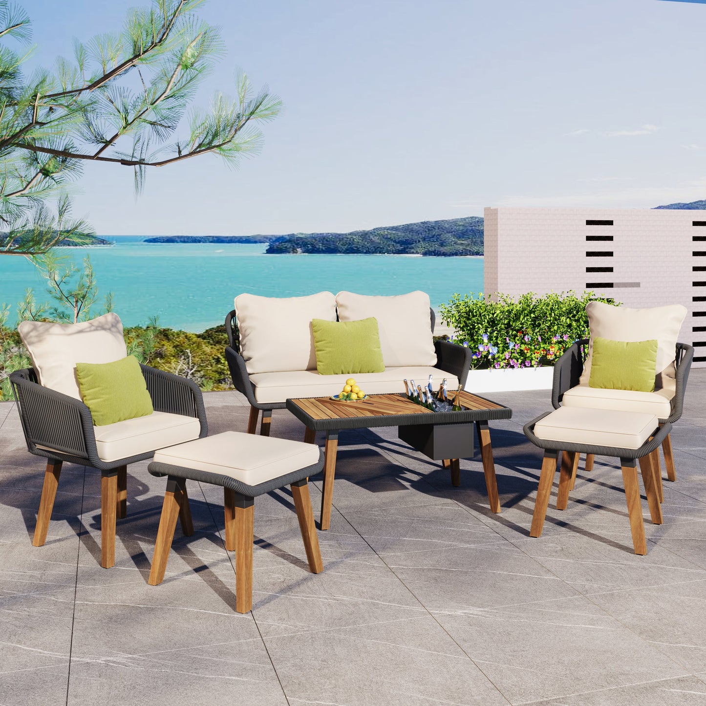 Bayside Woven Rope Patio Set with Acacia Bar Table, Ice Bucket and Two Stools - Divine Heart L.A.