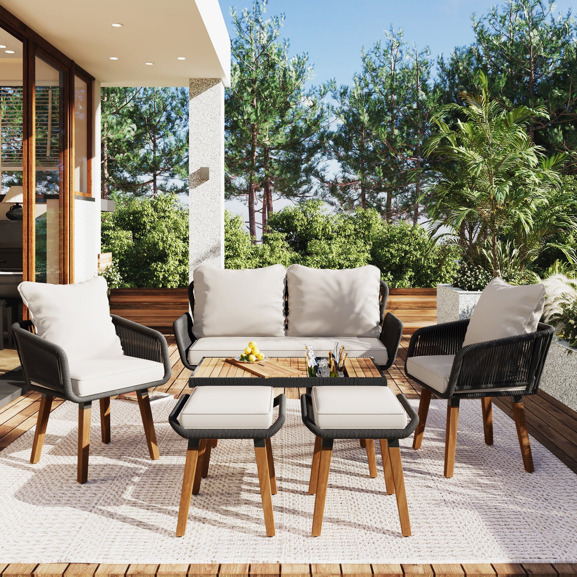 Bayside Woven Rope Patio Set with Acacia Bar Table, Ice Bucket and Two Stools - Divine Heart L.A.