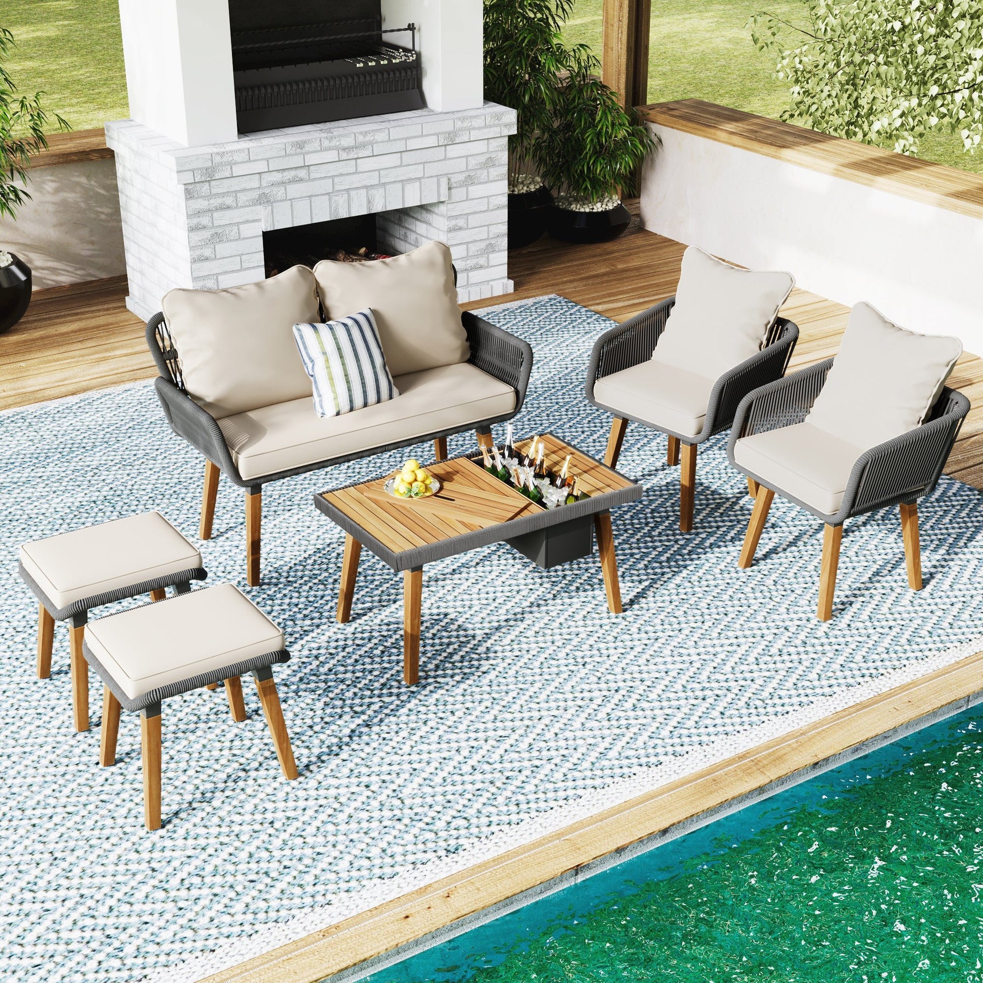 Bayside Woven Rope Patio Set with Acacia Bar Table, Ice Bucket and Two Stools - Divine Heart L.A.