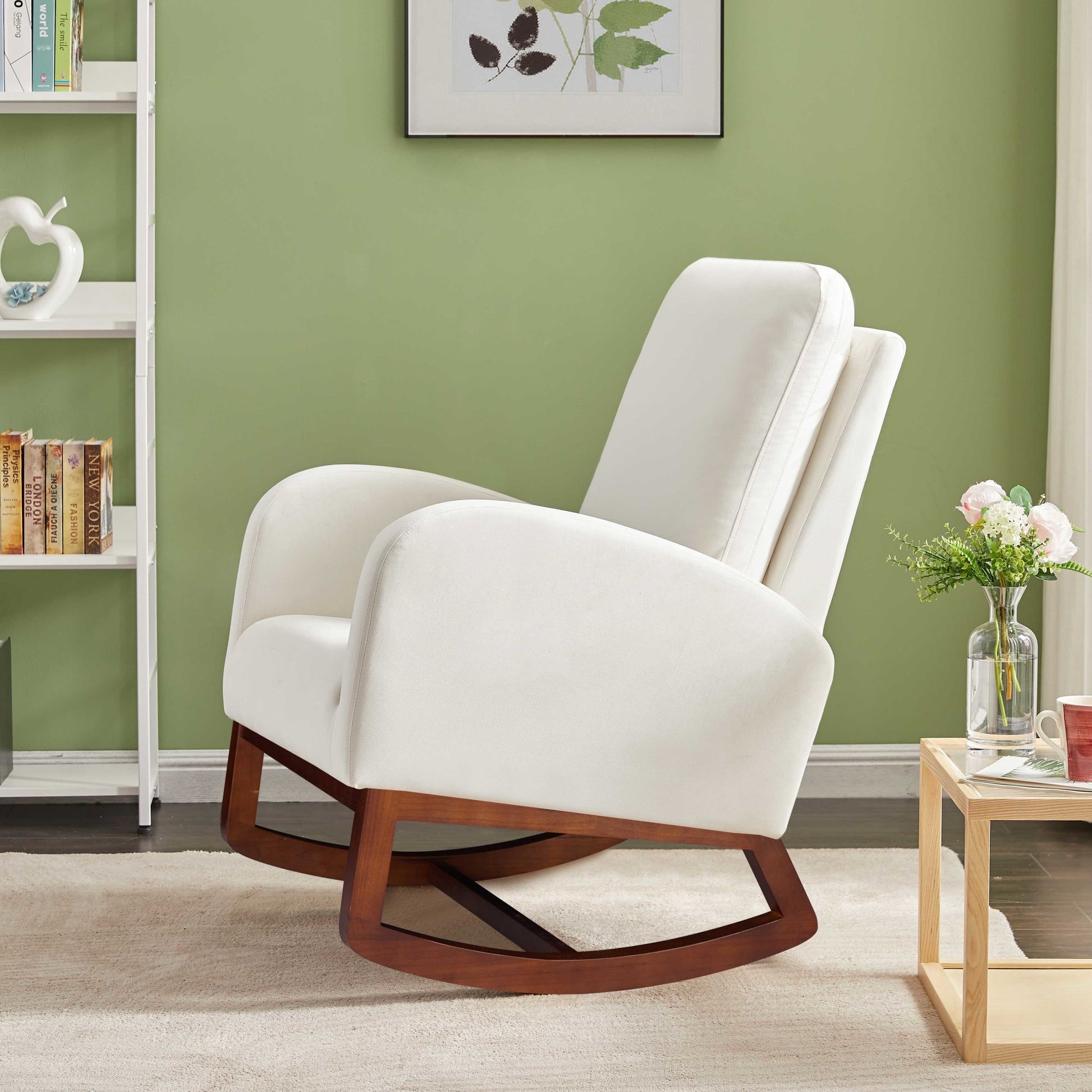 Beige, High Back Side Bag Flannelette Wood Indoor Rocking Chair, Brown Legs - Divine Heart L.A.