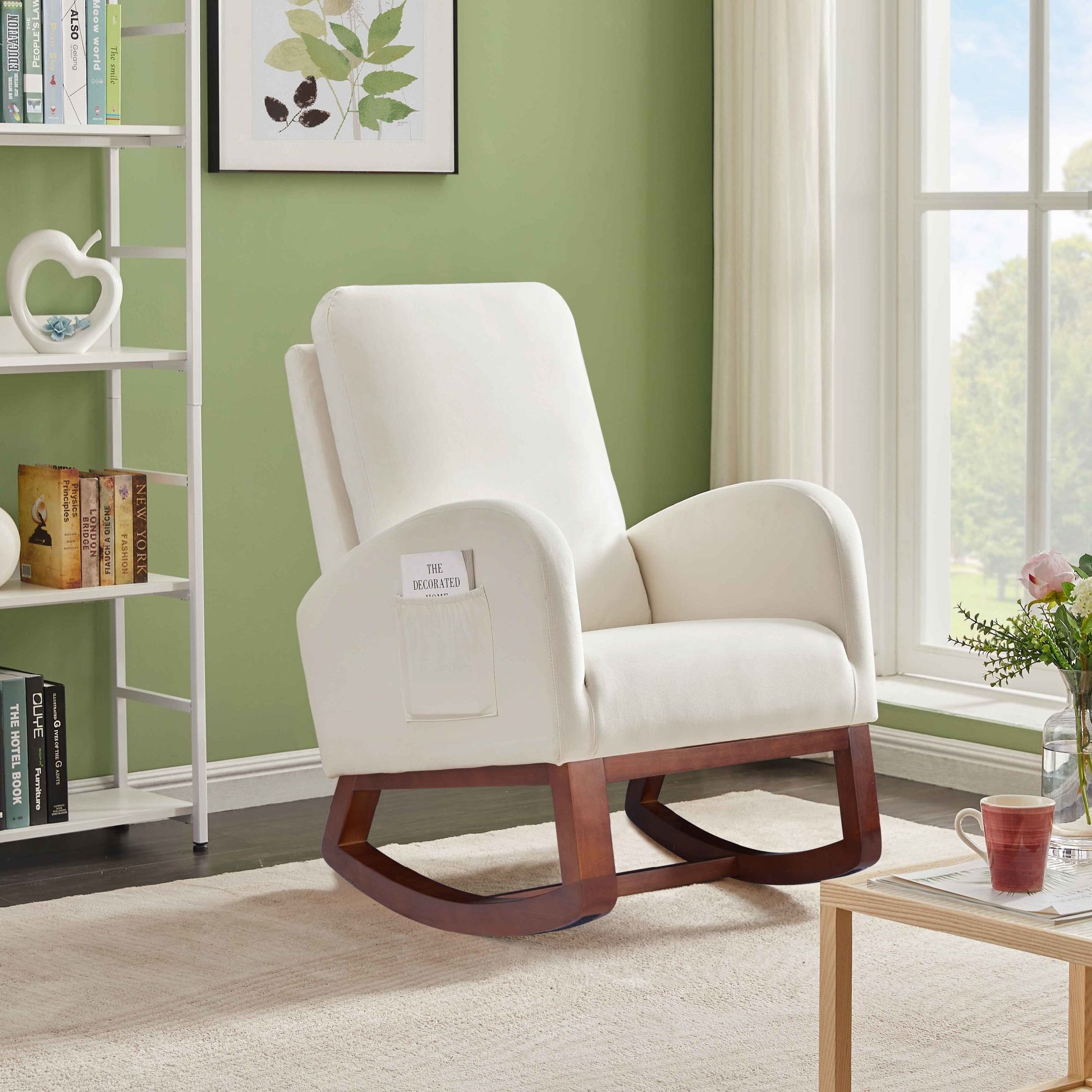 Beige, High Back Side Bag Flannelette Wood Indoor Rocking Chair, Brown Legs - Divine Heart L.A.