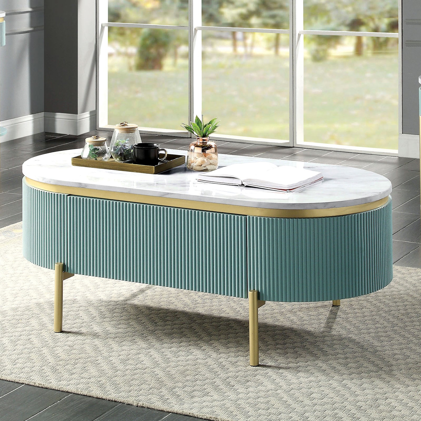 Bella Costa Coffee Table with Faux Marble Top and Drawer in Light Teal - Divine Heart L.A.