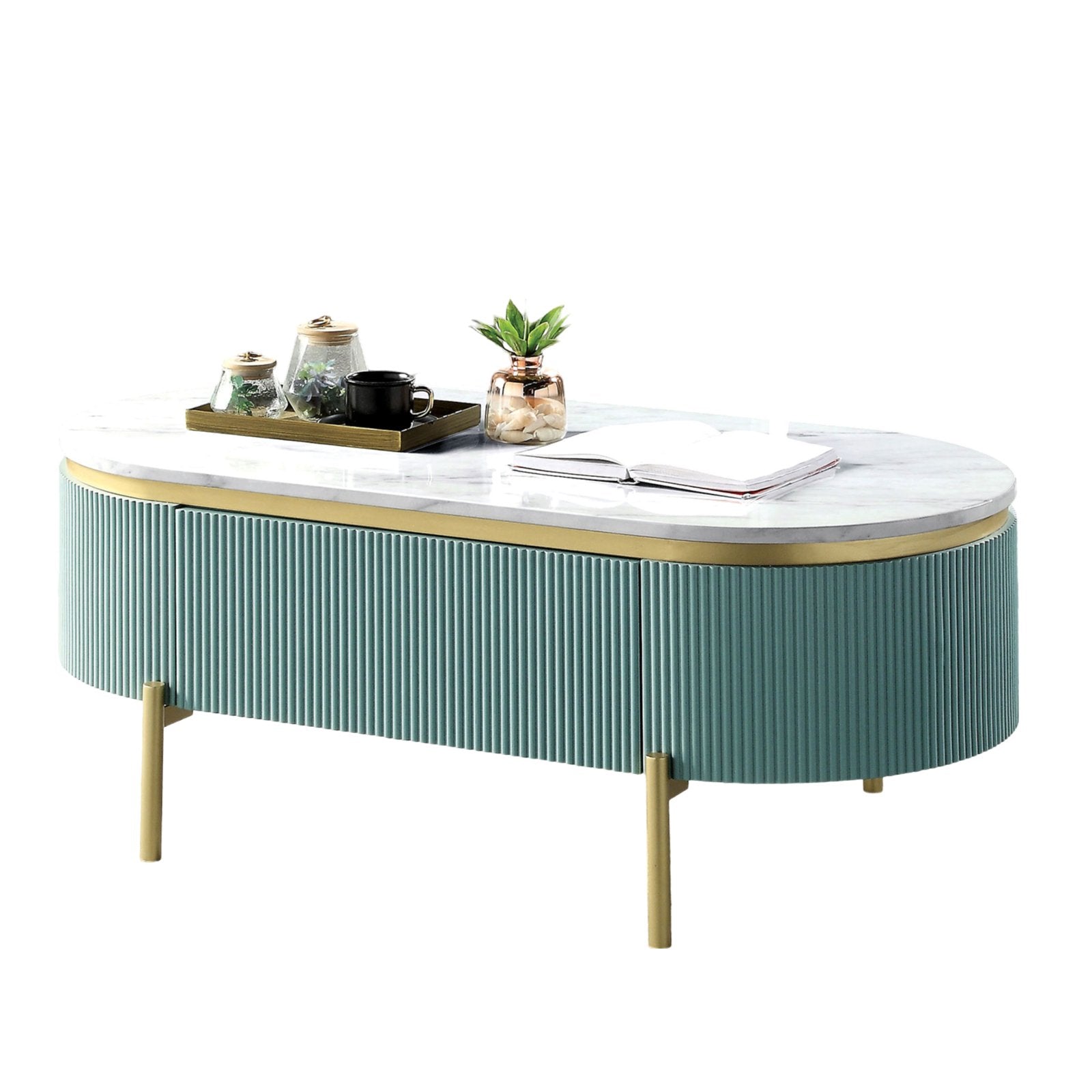 Bella Costa Coffee Table with Faux Marble Top and Drawer in Light Teal - Divine Heart L.A.