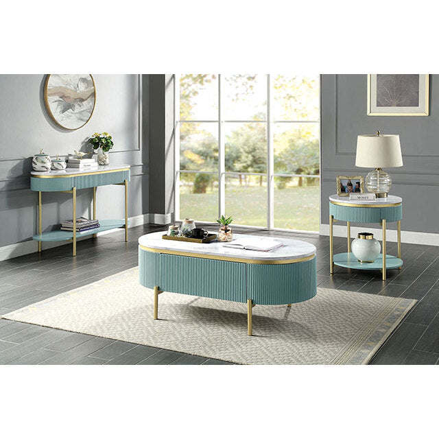 Bella Costa Coffee Table with Faux Marble Top and Drawer in Light Teal - Divine Heart L.A.