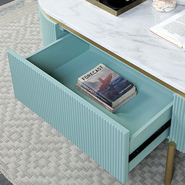 Bella Costa Coffee Table with Faux Marble Top and Drawer in Light Teal - Divine Heart L.A.