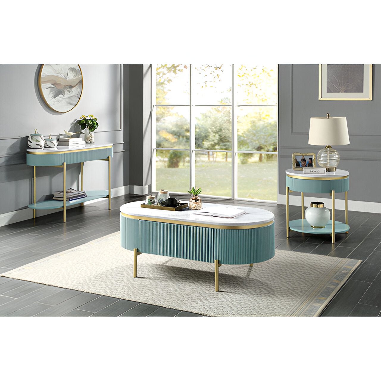 Bella Costa Coffee Table with Faux Marble Top and Drawer in Light Teal - Divine Heart L.A.