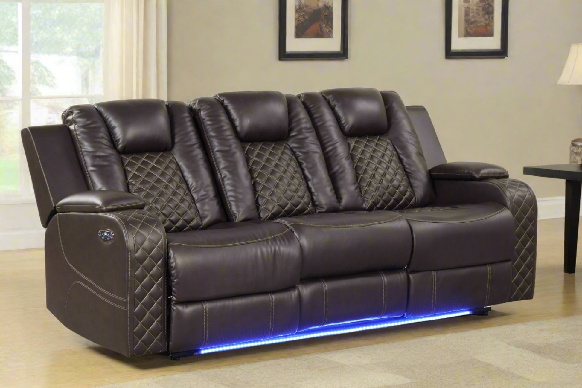 Benz LED & Power Reclining 2 Pc Set Made With Faux Leather in Brown - Divine Heart L.A.