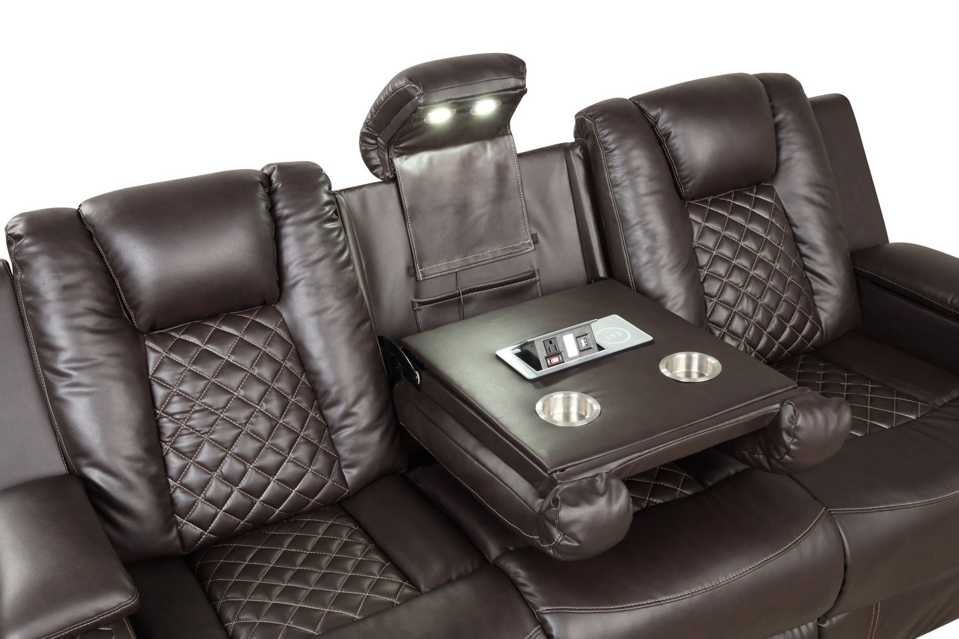 Benz LED & Power Reclining 2 Pc Set Made With Faux Leather in Brown - Divine Heart L.A.