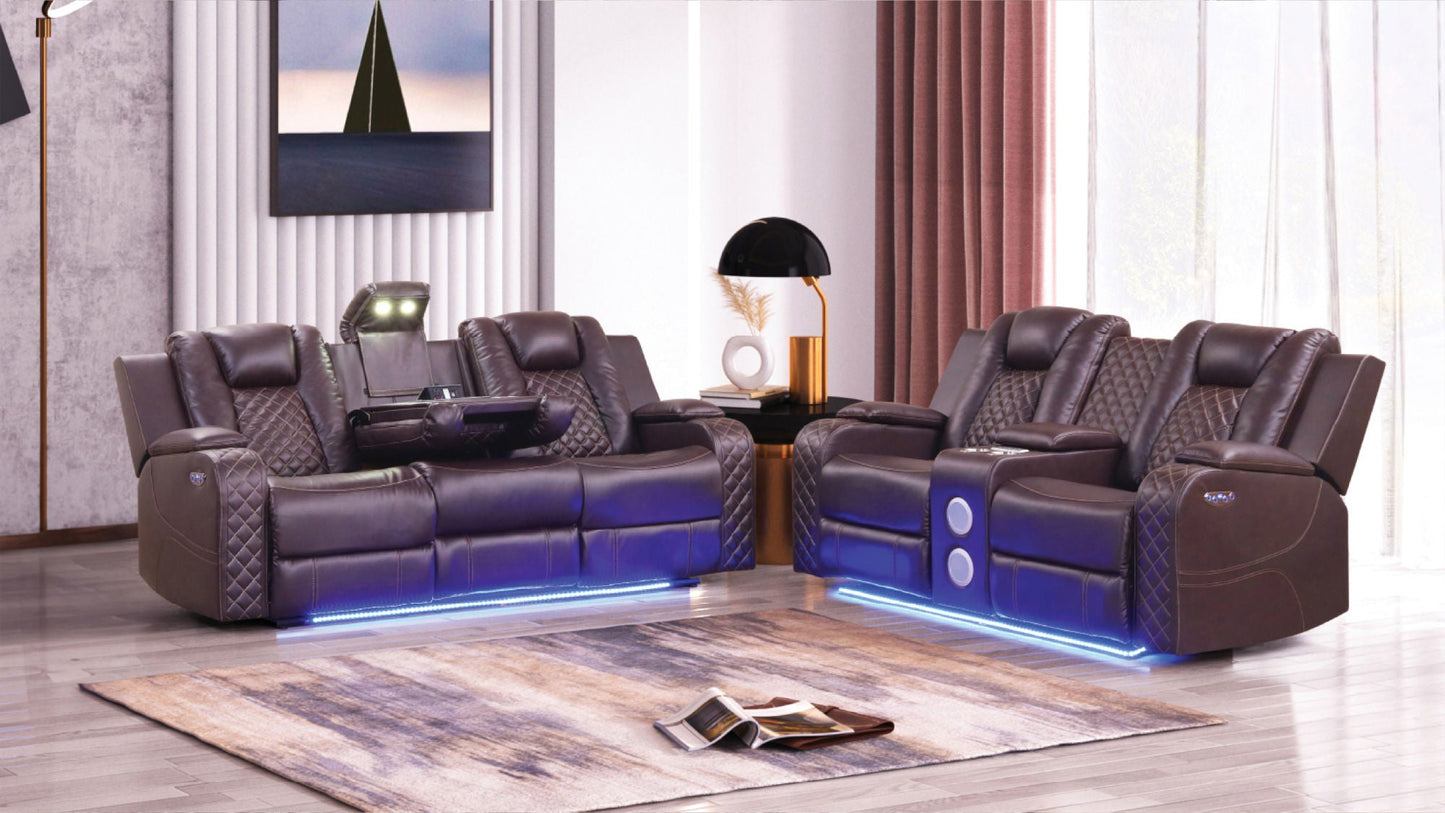 Benz LED & Power Reclining 2 Pc Set Made With Faux Leather in Brown - Divine Heart L.A.