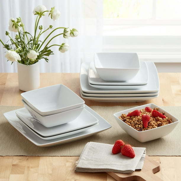 Better Homes & Gardens- Loden White Square Porcelain 12-Piece Dinnerware Set - Divine Heart L.A.