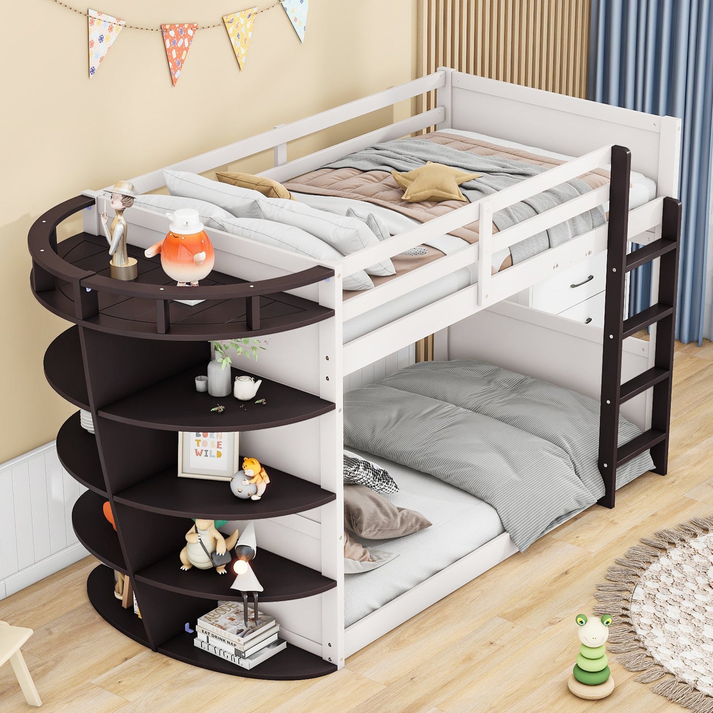 Boat-Like Shaped Twin over Twin Bunk Bed with Storage Shelves - Divine Heart L.A.