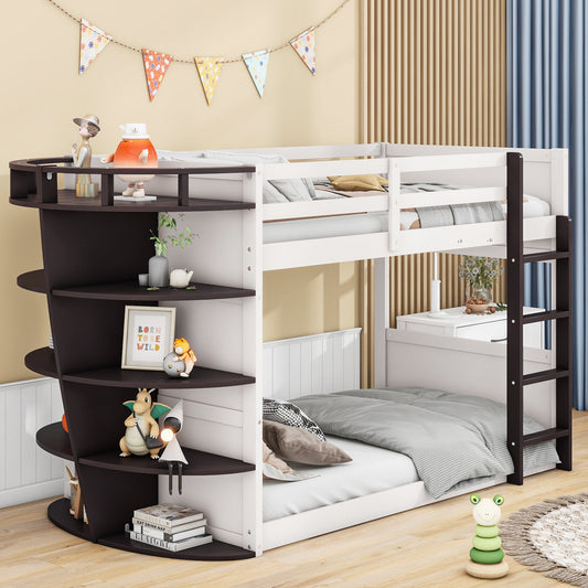 Boat-Like Shaped Twin over Twin Bunk Bed with Storage Shelves - Divine Heart L.A.