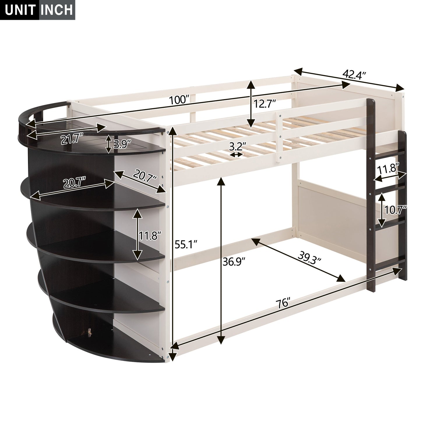 Boat-Like Shaped Twin over Twin Bunk Bed with Storage Shelves - Divine Heart L.A.