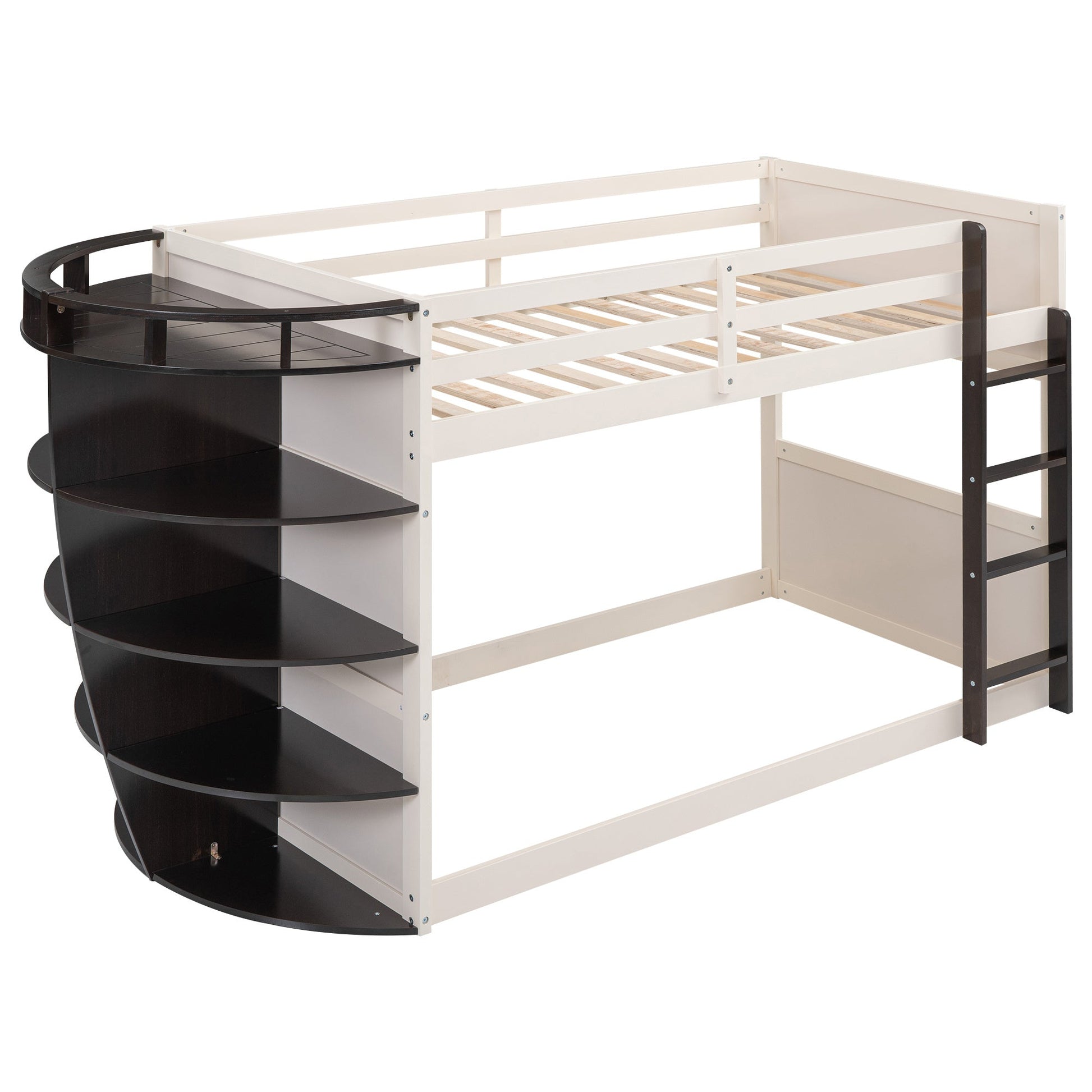 Boat-Like Shaped Twin over Twin Bunk Bed with Storage Shelves - Divine Heart L.A.