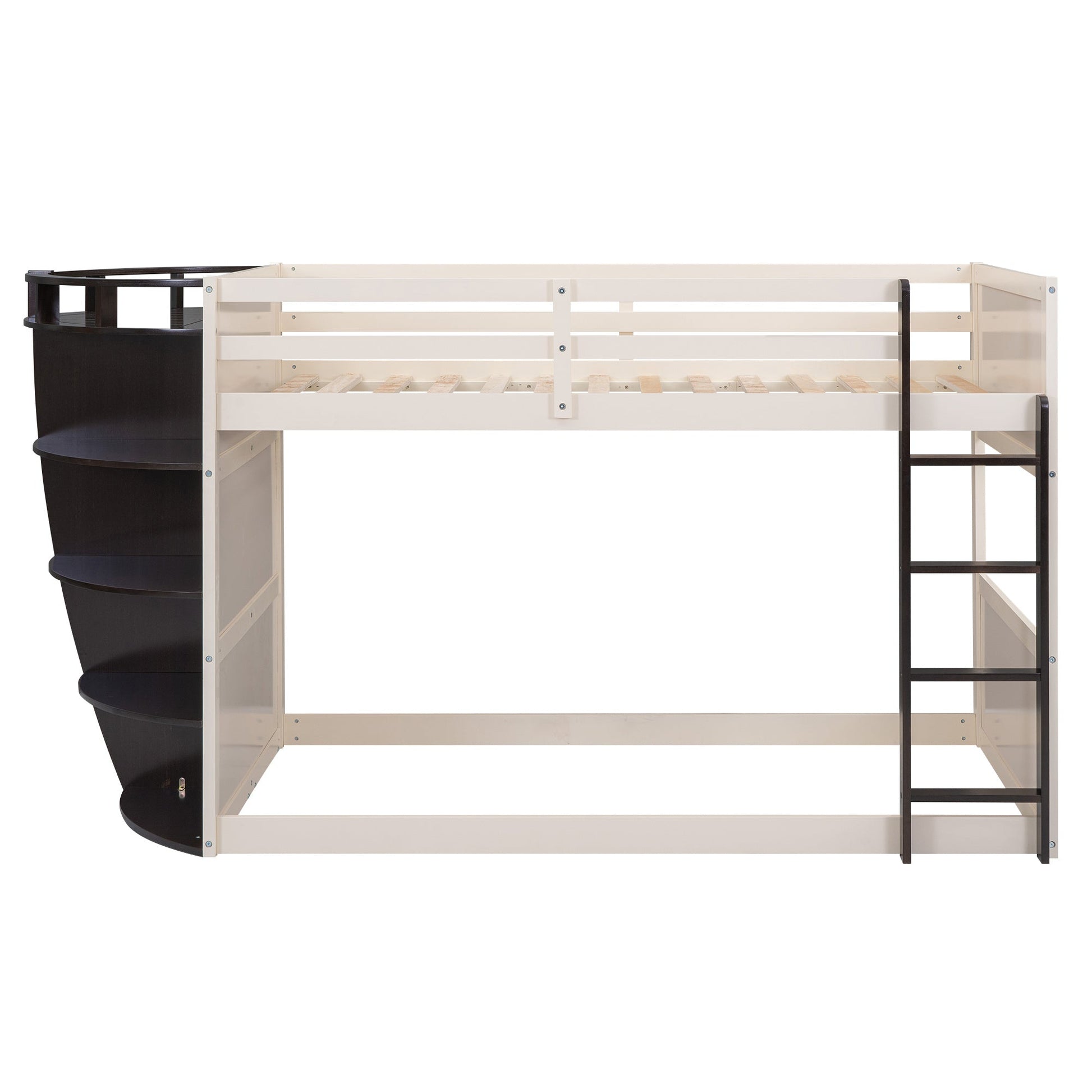 Boat-Like Shaped Twin over Twin Bunk Bed with Storage Shelves - Divine Heart L.A.