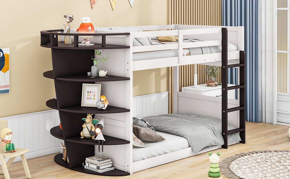 Boat-Like Shaped Twin over Twin Bunk Bed with Storage Shelves - Divine Heart L.A.