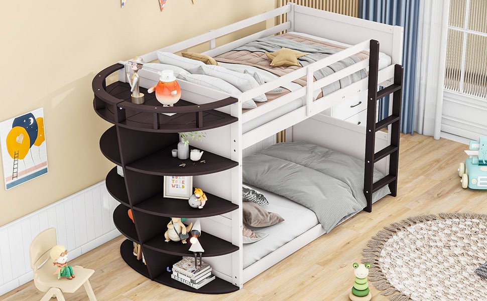 Boat-Like Shaped Twin over Twin Bunk Bed with Storage Shelves - Divine Heart L.A.