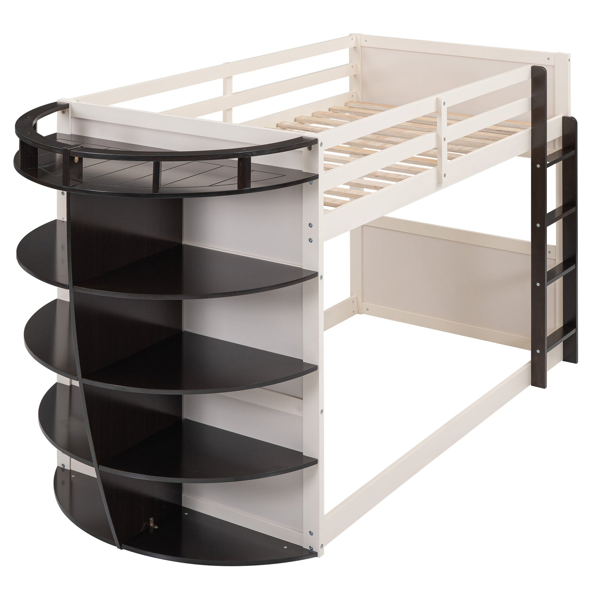 Boat-Like Shaped Twin over Twin Bunk Bed with Storage Shelves - Divine Heart L.A.