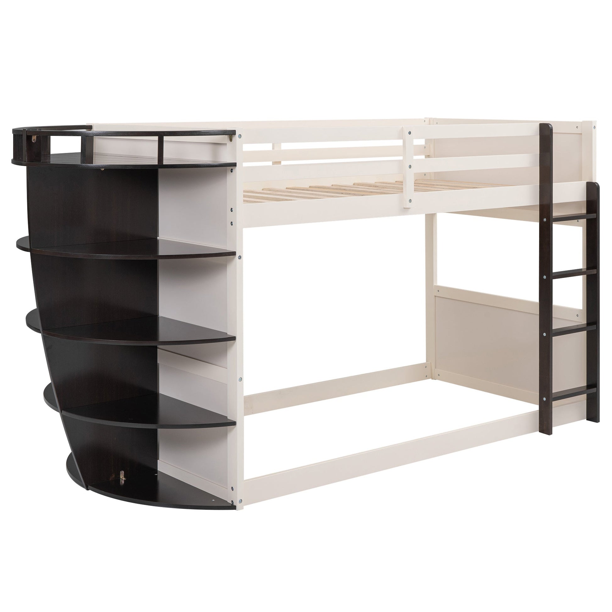 Boat-Like Shaped Twin over Twin Bunk Bed with Storage Shelves - Divine Heart L.A.