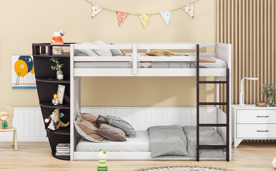 Boat-Like Shaped Twin over Twin Bunk Bed with Storage Shelves - Divine Heart L.A.