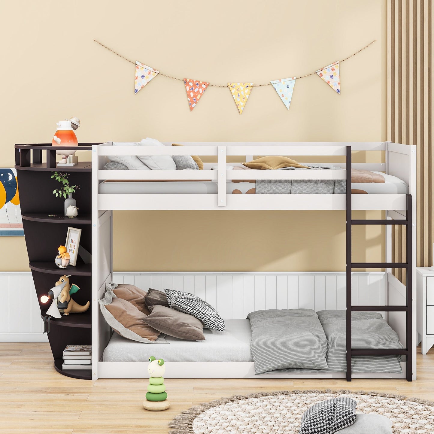 Boat-Like Shaped Twin over Twin Bunk Bed with Storage Shelves - Divine Heart L.A.